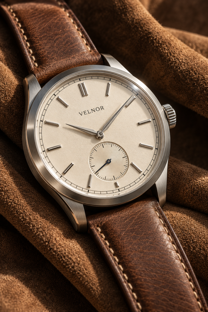 Brushed steel Velnor watch with an ivory dial and brown leather strap on suede