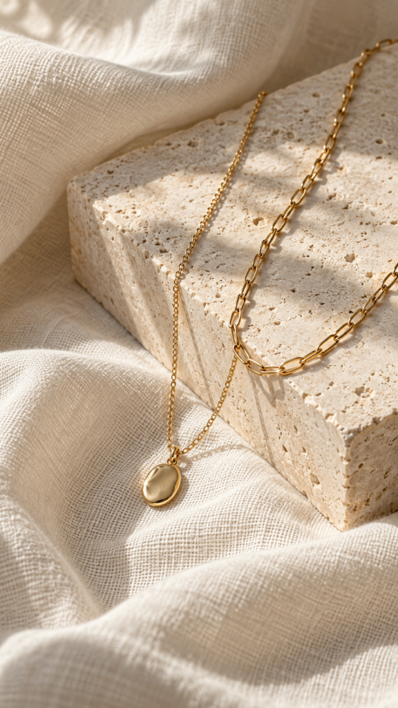 Fine gold necklaces and an oval pendant arranged on limestone and ivory linen