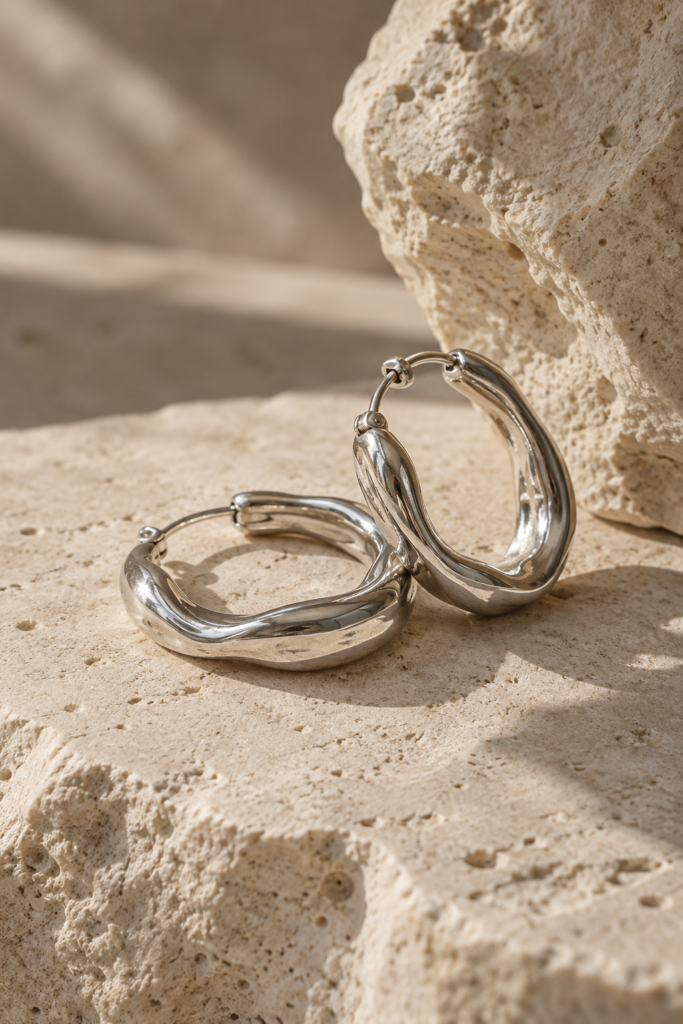 Sculptural silver hoop earrings resting on pale limestone