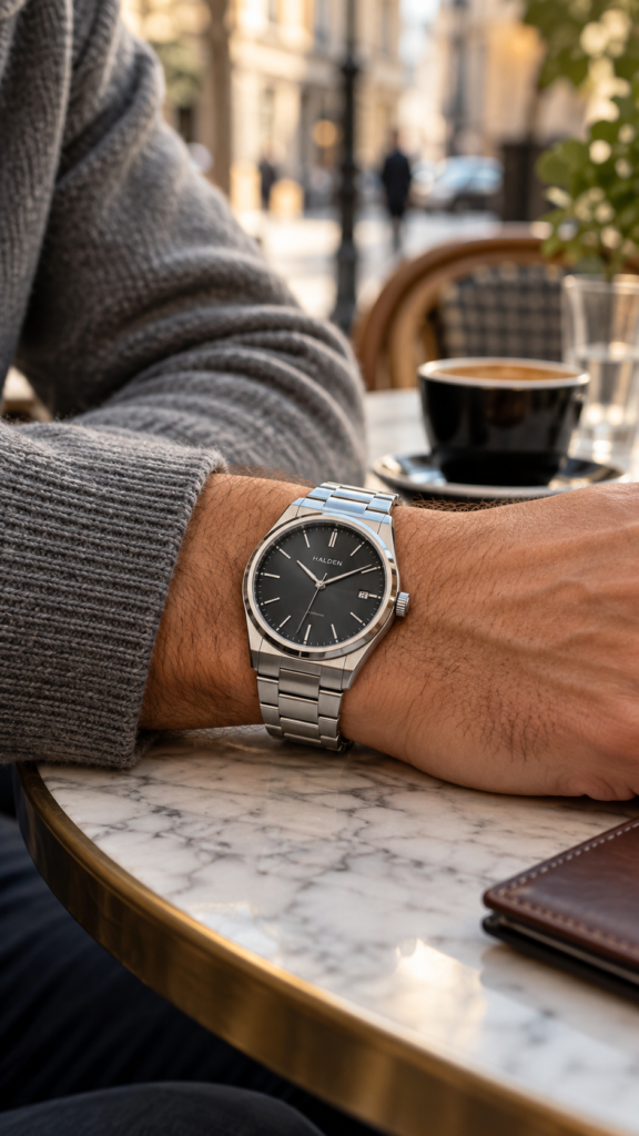 Halden steel watch with a charcoal dial worn with a grey jumper at a café