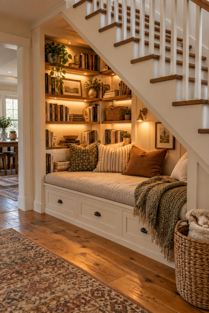 Image-only Pinterest portfolio example showing a cozy built-in reading nook under the stairs
