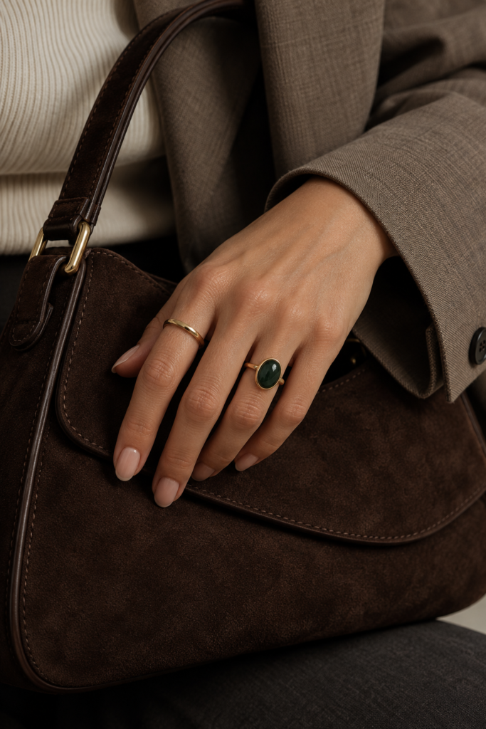 Gold rings with a dark green stone styled on a hand resting on a suede handbag