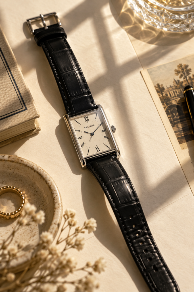 Rectangular Velnor watch with a black leather strap in warm afternoon light
