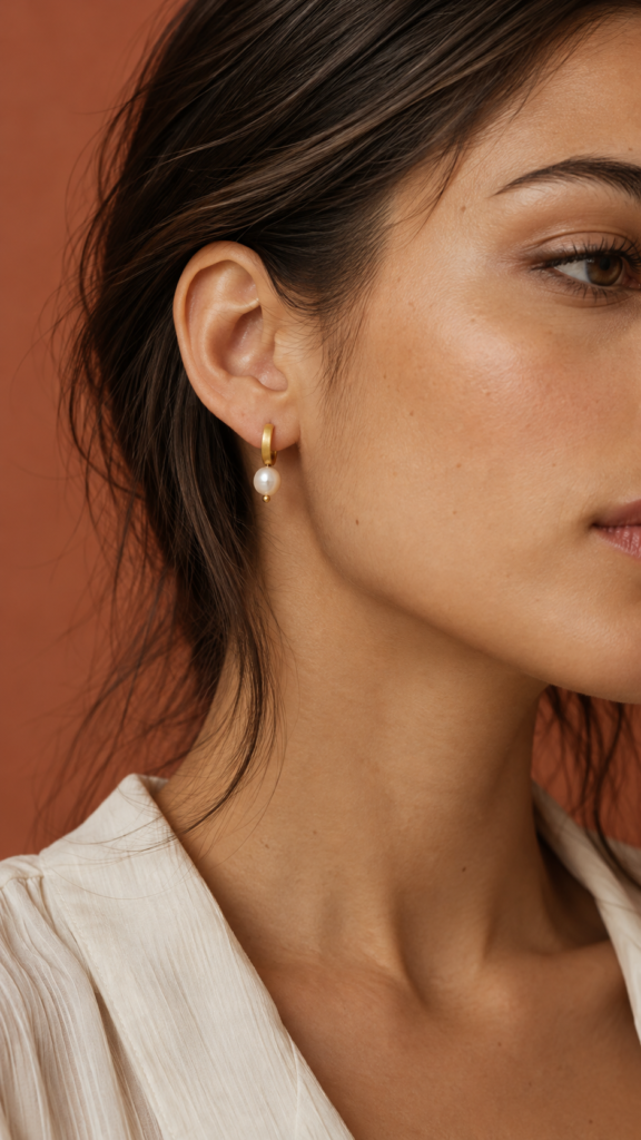 Close-up of a small gold hoop and pearl drop earring worn by a woman