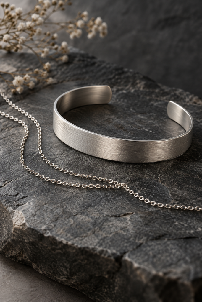 Brushed silver cuff and fine chain arranged on charcoal stone