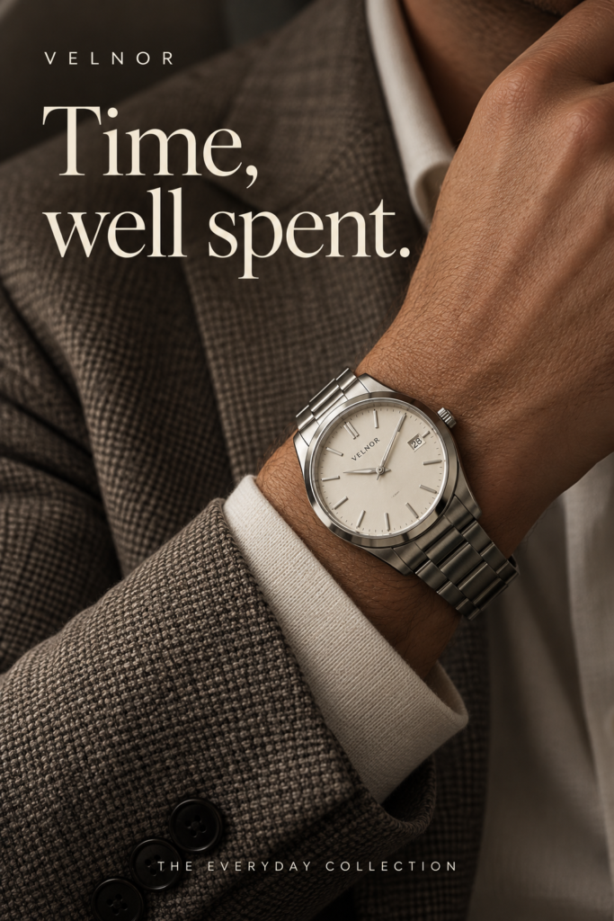 Steel Velnor watch worn with a blazer beneath the headline Time, well spent