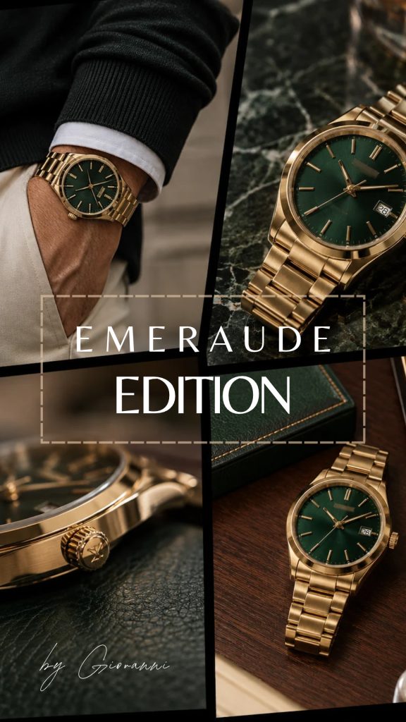 Emeraude Edition watch campaign with text over the product image