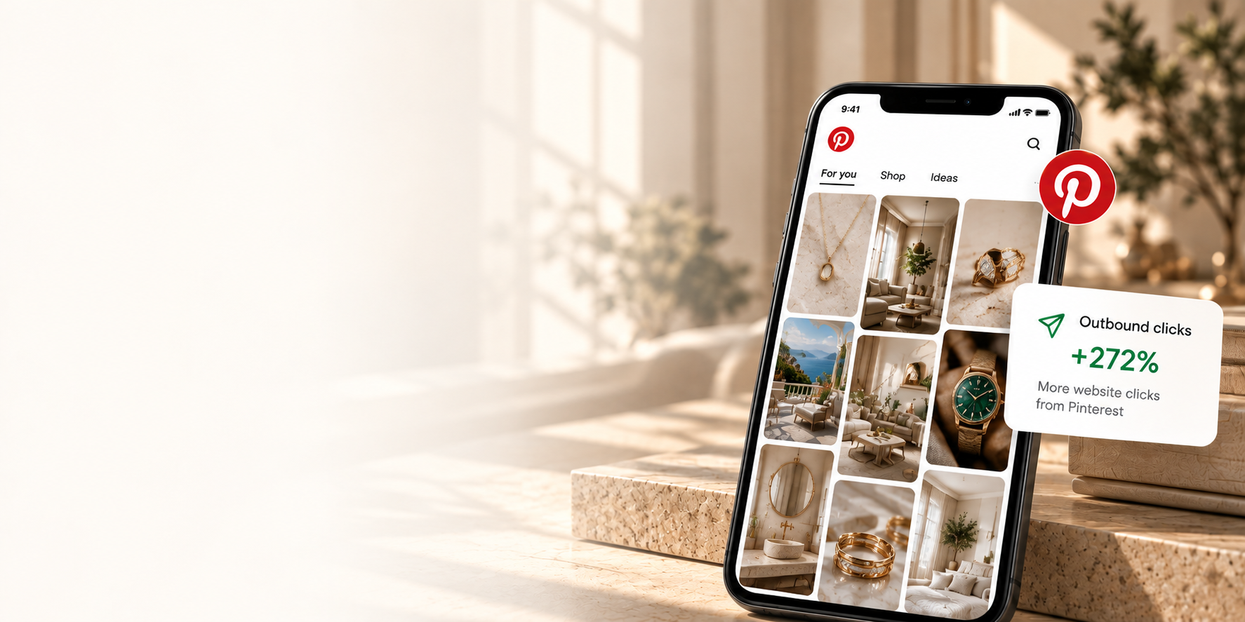 Pinterest management for luxury brands, illustrated with a phone displaying jewellery, watches and interior design inspiration